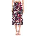 White Red Sugar Skull Pattern Print Side Slit Midi Skirt