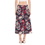 White Red Sugar Skull Pattern Print Side Slit Midi Skirt