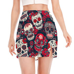 White Red Sugar Skull Pattern Print Side Slit Mini Skirt