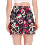 White Red Sugar Skull Pattern Print Side Slit Mini Skirt