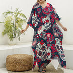 White Red Sugar Skull Pattern Print Silk V-Neck Kaftan Dress
