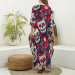 White Red Sugar Skull Pattern Print Silk V-Neck Kaftan Dress