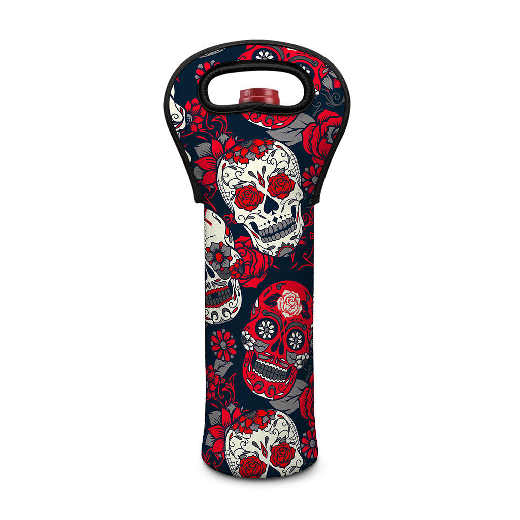 White Red Sugar Skull Pattern Print Single Neoprene Wine Tote