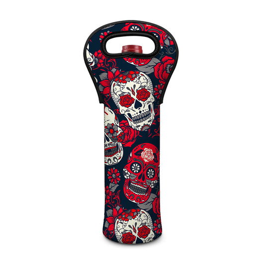 White Red Sugar Skull Pattern Print Single Neoprene Wine Tote