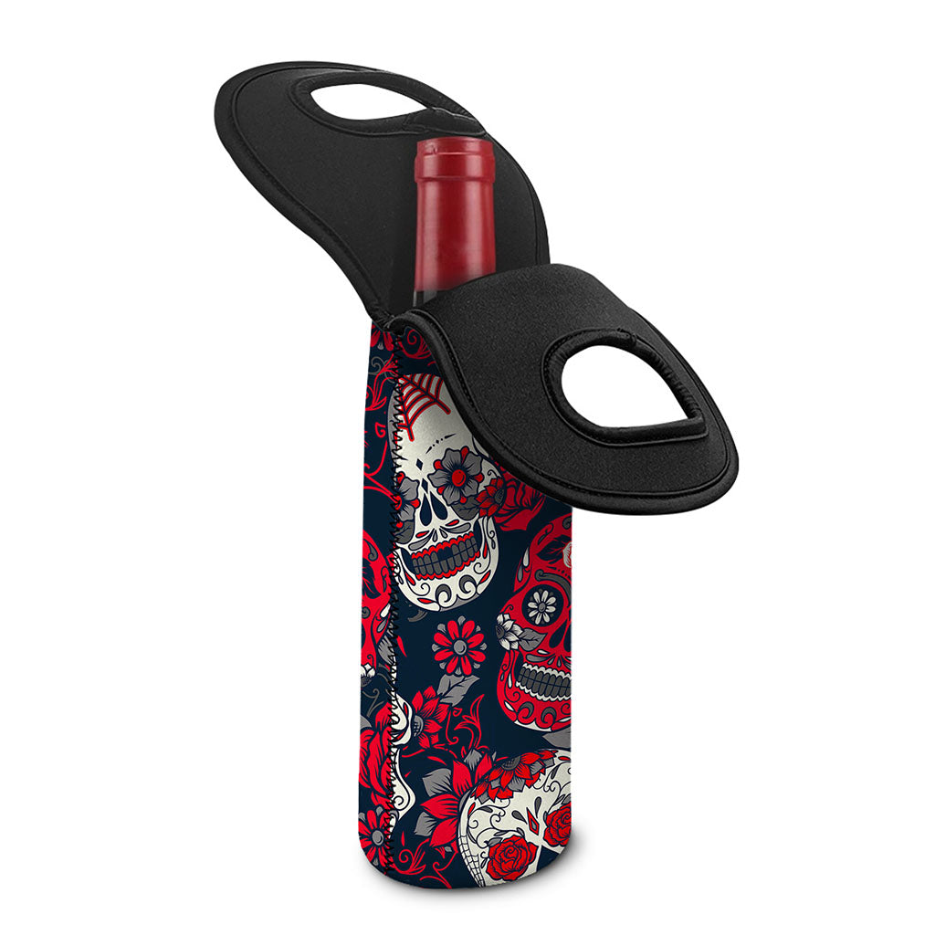 White Red Sugar Skull Pattern Print Single Neoprene Wine Tote