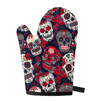 White Red Sugar Skull Pattern Print Single Oven Mitt