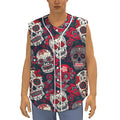 White Red Sugar Skull Pattern Print Sleeveless Baseball Jersey