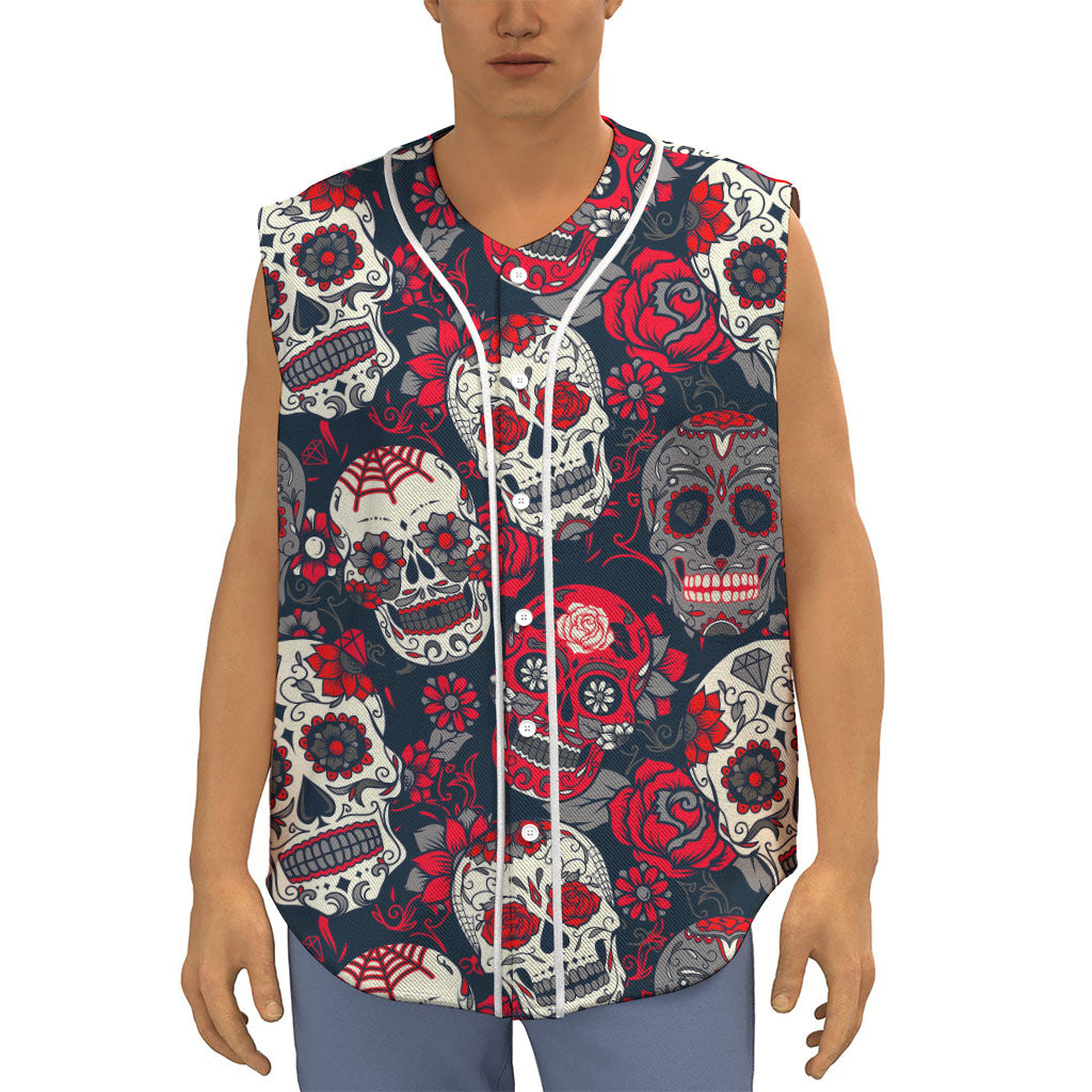 White Red Sugar Skull Pattern Print Sleeveless Baseball Jersey