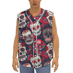 White Red Sugar Skull Pattern Print Sleeveless Baseball Jersey