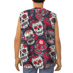 White Red Sugar Skull Pattern Print Sleeveless Baseball Jersey