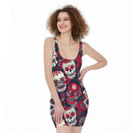 White Red Sugar Skull Pattern Print Sleeveless Bodycon Dress