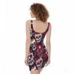 White Red Sugar Skull Pattern Print Sleeveless Bodycon Dress