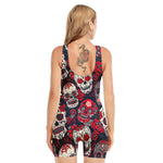 White Red Sugar Skull Pattern Print Sleeveless One Piece Swimsuit