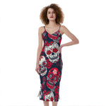 White Red Sugar Skull Pattern Print Slim Fit Midi Cami Dress