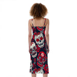 White Red Sugar Skull Pattern Print Slim Fit Midi Cami Dress