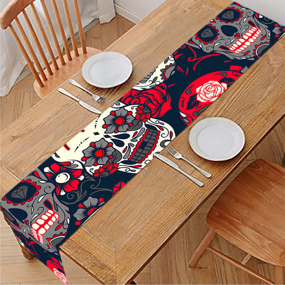 White Red Sugar Skull Pattern Print Table Runner