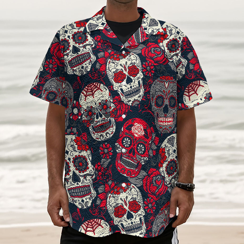 White Red Sugar Skull Pattern Print Textured Short Sleeve Shirt