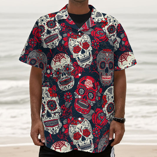 White Red Sugar Skull Pattern Print Textured Short Sleeve Shirt