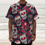 White Red Sugar Skull Pattern Print Textured Short Sleeve Shirt