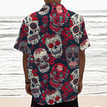 White Red Sugar Skull Pattern Print Textured Short Sleeve Shirt