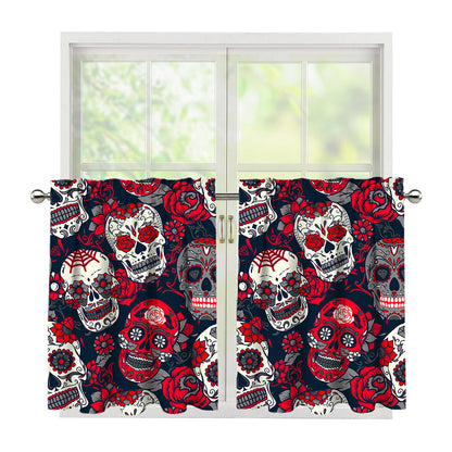White Red Sugar Skull Pattern Print Tier Curtains