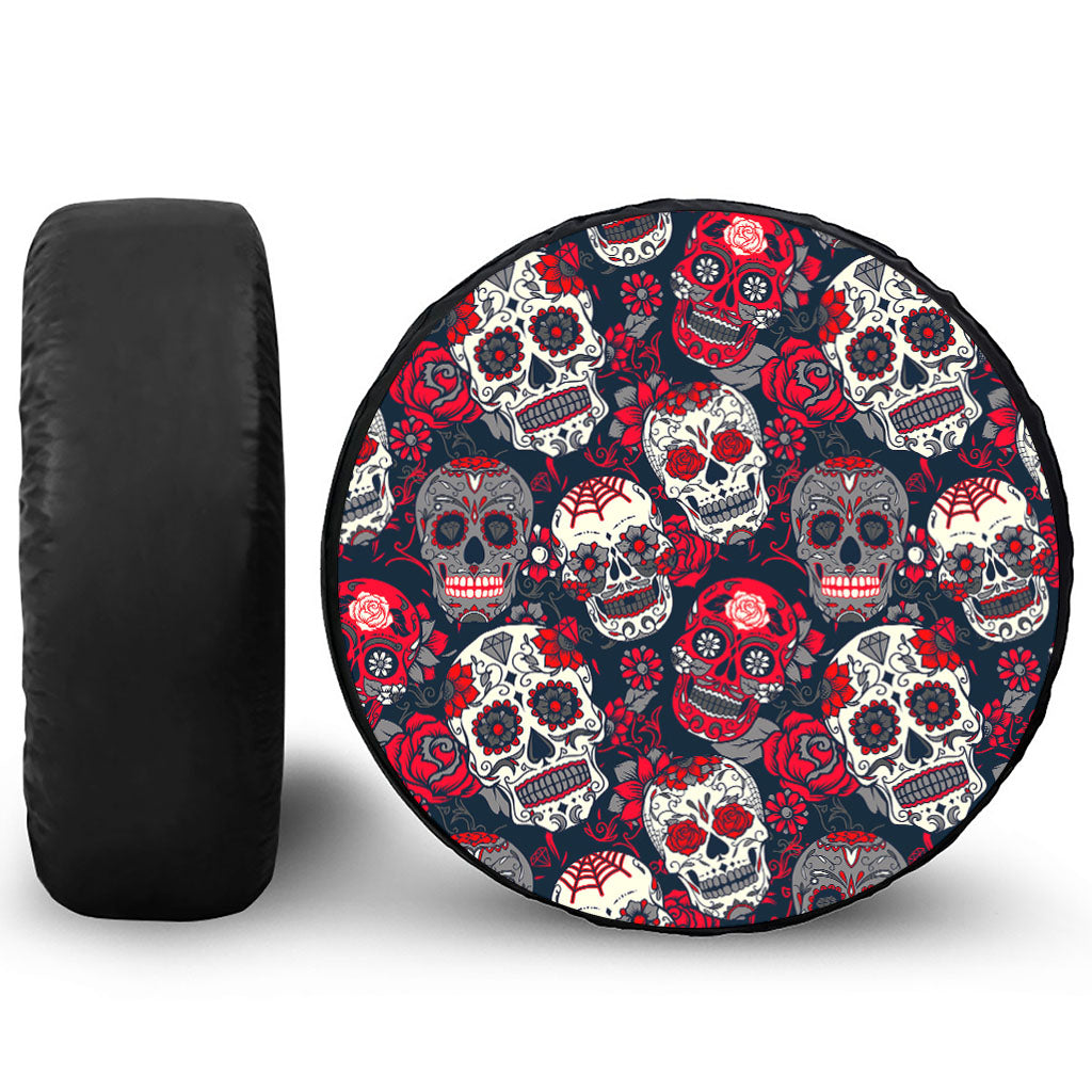 White Red Sugar Skull Pattern Print Tire Cover