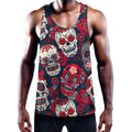 White Red Sugar Skull Pattern Print Men's Workout Tank Top