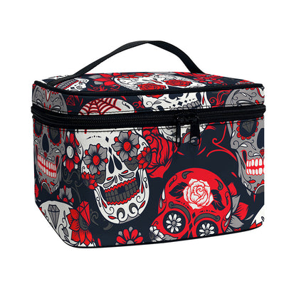 White Red Sugar Skull Pattern Print Travel Makeup Bag