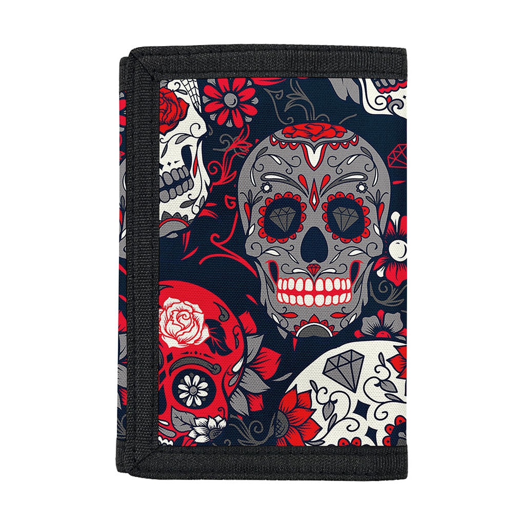 White Red Sugar Skull Pattern Print Trifold Wallet