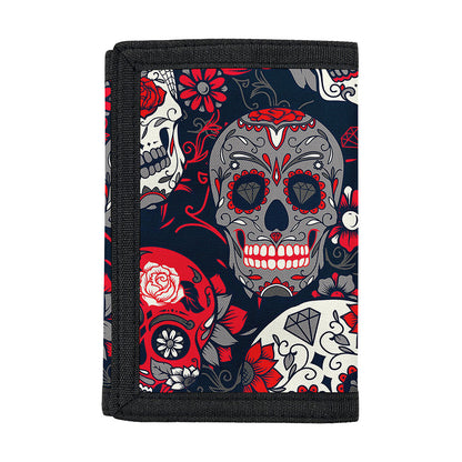 White Red Sugar Skull Pattern Print Trifold Wallet