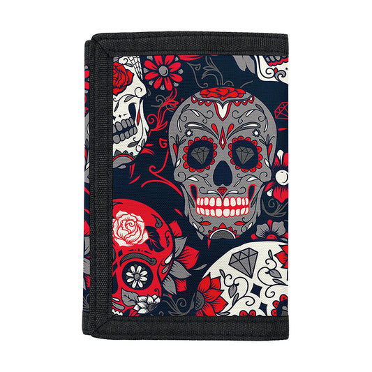 White Red Sugar Skull Pattern Print Trifold Wallet
