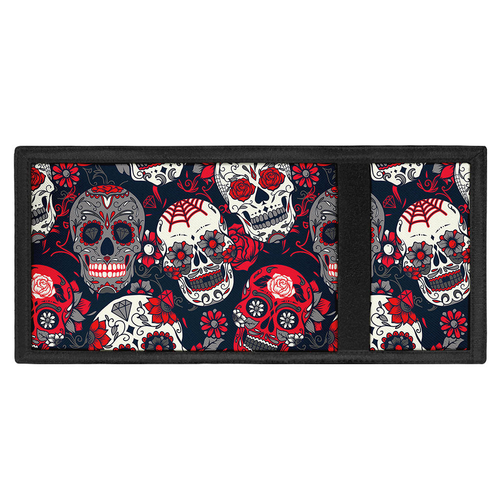 White Red Sugar Skull Pattern Print Trifold Wallet