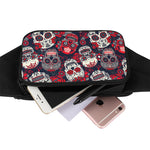 White Red Sugar Skull Pattern Print Waist Bag