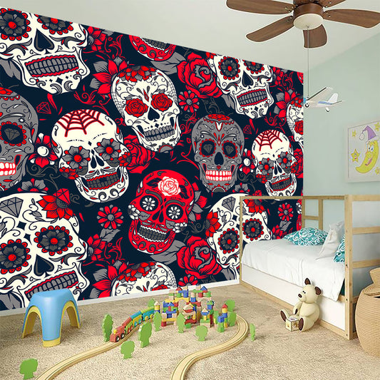 White Red Sugar Skull Pattern Print Wall Sticker