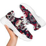 White Red Sugar Skull Pattern Print White Chunky Shoes