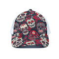 White Red Sugar Skull Pattern Print White Mesh Trucker Hat