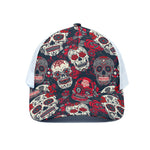 White Red Sugar Skull Pattern Print White Mesh Trucker Cap