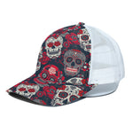 White Red Sugar Skull Pattern Print White Mesh Trucker Cap