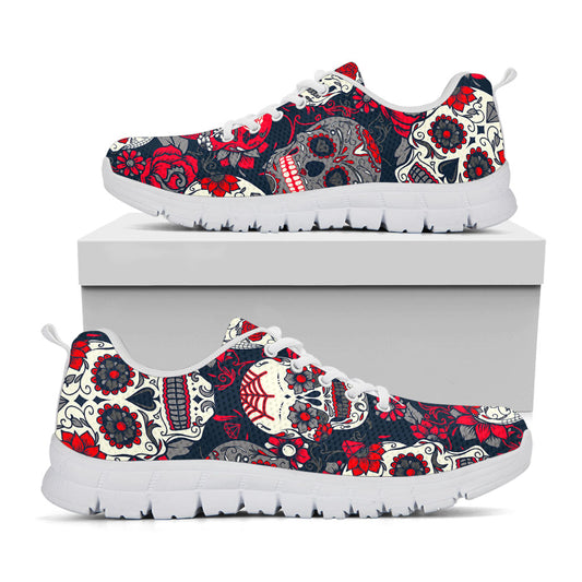 White Red Sugar Skull Pattern Print White Running Shoes