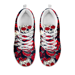 White Red Sugar Skull Pattern Print White Running Shoes