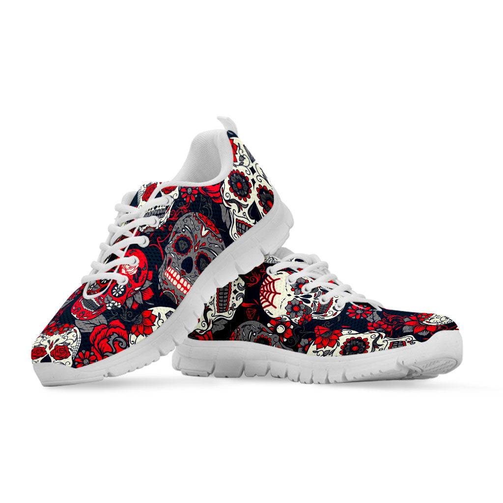 White Red Sugar Skull Pattern Print White Running Shoes