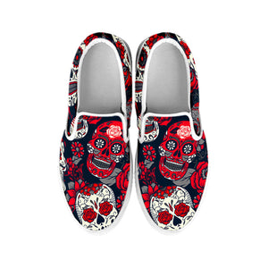 White Red Sugar Skull Pattern Print White Slip On Sneakers