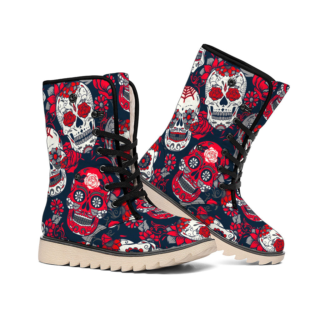 White Red Sugar Skull Pattern Print Winter Boots