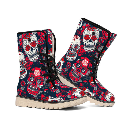 White Red Sugar Skull Pattern Print Winter Boots