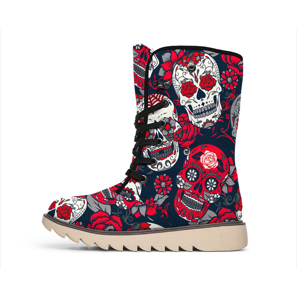 White Red Sugar Skull Pattern Print Winter Boots