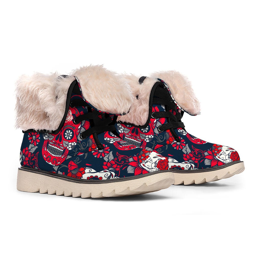 White Red Sugar Skull Pattern Print Winter Boots