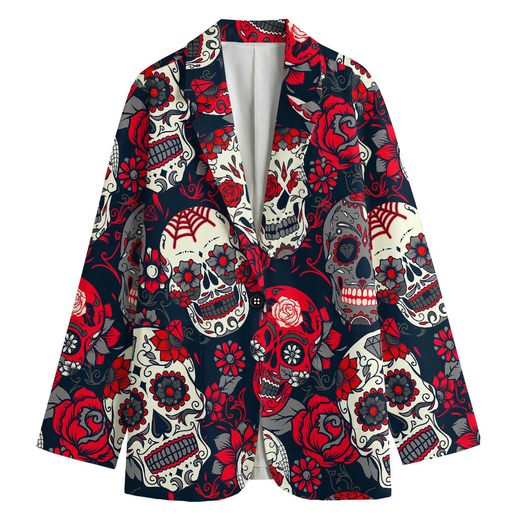 White Red Sugar Skull Pattern Print Women's Blazer