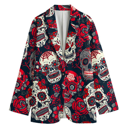 White Red Sugar Skull Pattern Print Women's Blazer