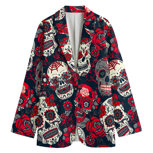 White Red Sugar Skull Pattern Print Women's Blazer