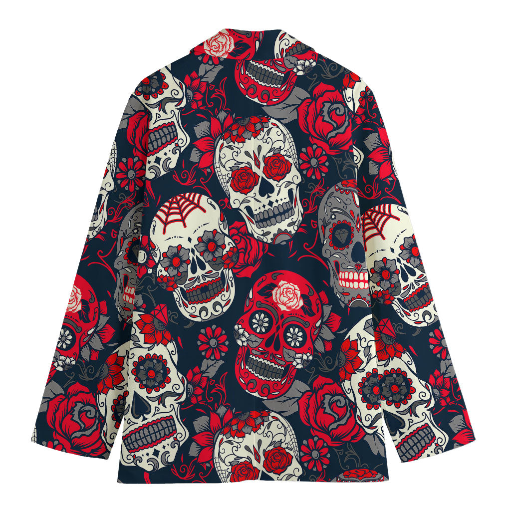 White Red Sugar Skull Pattern Print Women's Blazer